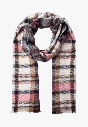 Blød uldhalstørklæde med ternet mønster i pink, brun, creme og marineblå, pænt snoet med frynser i enderne på en hvid baggrund.