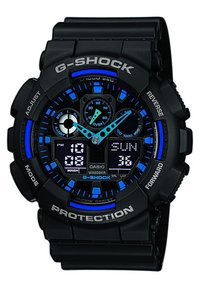 Black G-Shock watch with blue accents, digital display, circular analog subdials, and marked buttons on a textured rubber strap.