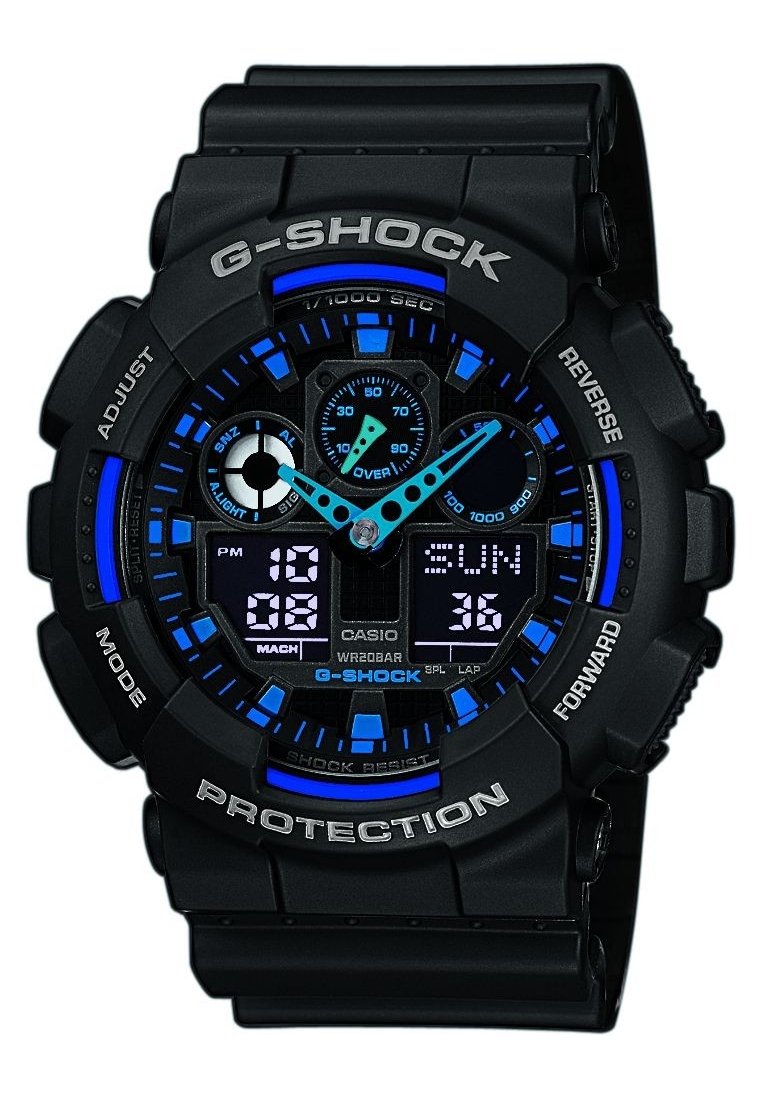 Black G-Shock watch with blue accents, digital display, circular analog subdials, and marked buttons on a textured rubber strap.