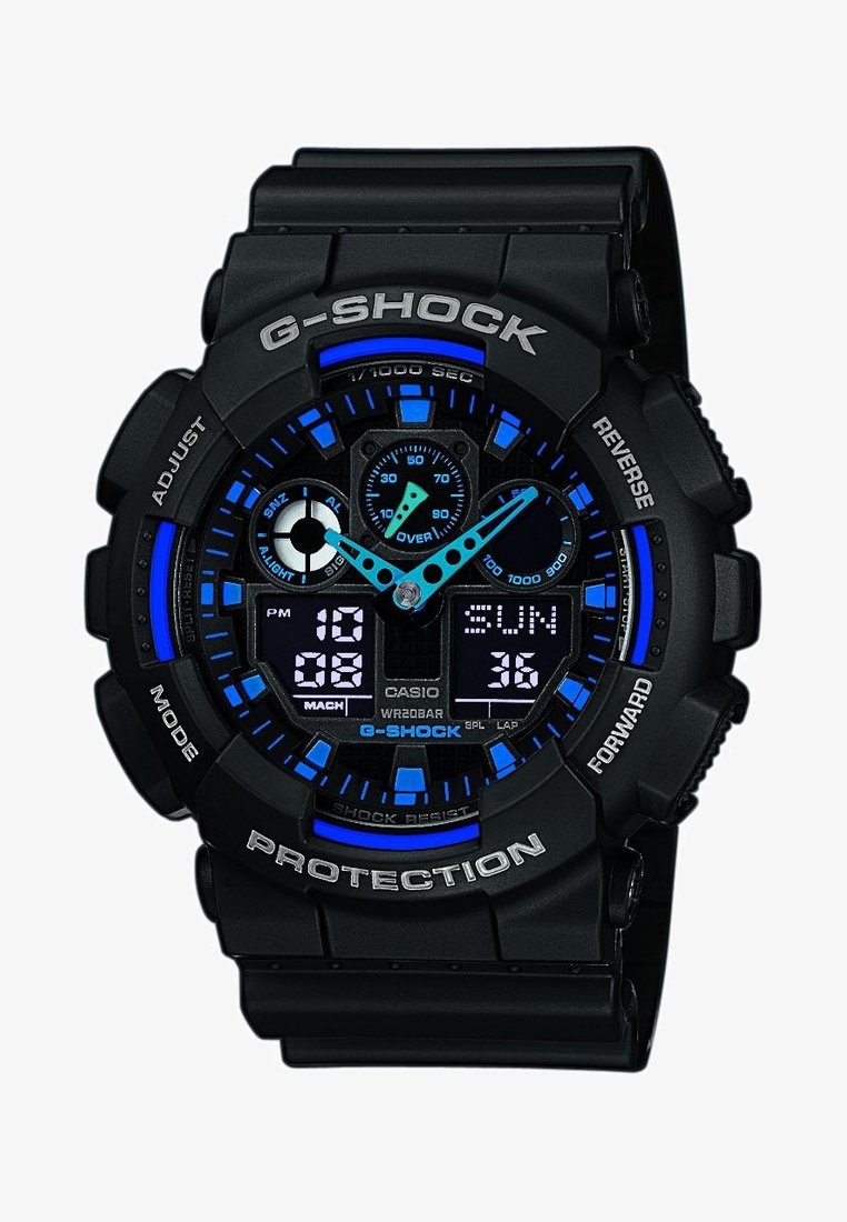 Black G-Shock watch with blue accents, digital display, circular analog subdials, and marked buttons on a textured rubber strap.