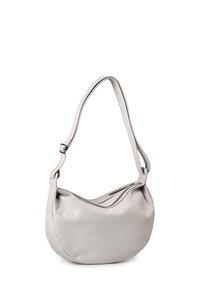 Gray leather shoulder bag with a curved shape, a single adjustable strap, and a smooth texture. Features a top zip closure.