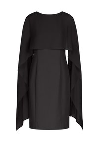 Schwarzes Kleid mit einer figurbetonten Silhouette, glattem Stoff und fließenden Cape-Ärmeln. Runder Ausschnitt und knielange Länge.