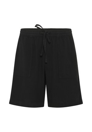 Čierne šortky po kolená s elastickým pásom a predným sťahovacím šnúrkou, so dvoma veľkými náprsnými vreckami.