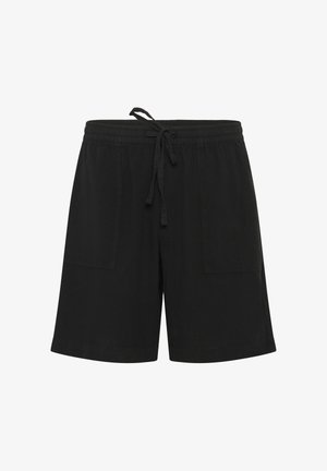 Čierne šortky po kolená s elastickým pásom a predným sťahovacím šnúrkou, so dvoma veľkými náprsnými vreckami.