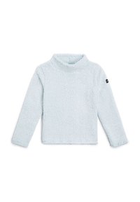 Pull-over en polaire bleu clair avec un col haut, des manches longues, une texture douce et un détail logo noir sur la manche gauche.