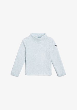 Gaiši zils flīsa džemperis ar augstu apkakli, garām piedurknēm, mīkstu tekstūru un melnu logo detaļu uz kreisās piedurknes.