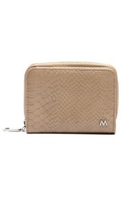 Portafoglio in pelle beige con motivo in pelle di serpente testurizzata, chiusura con zip e piccolo dettaglio del logo argentato sul davanti. Design compatto, forma rettangolare.