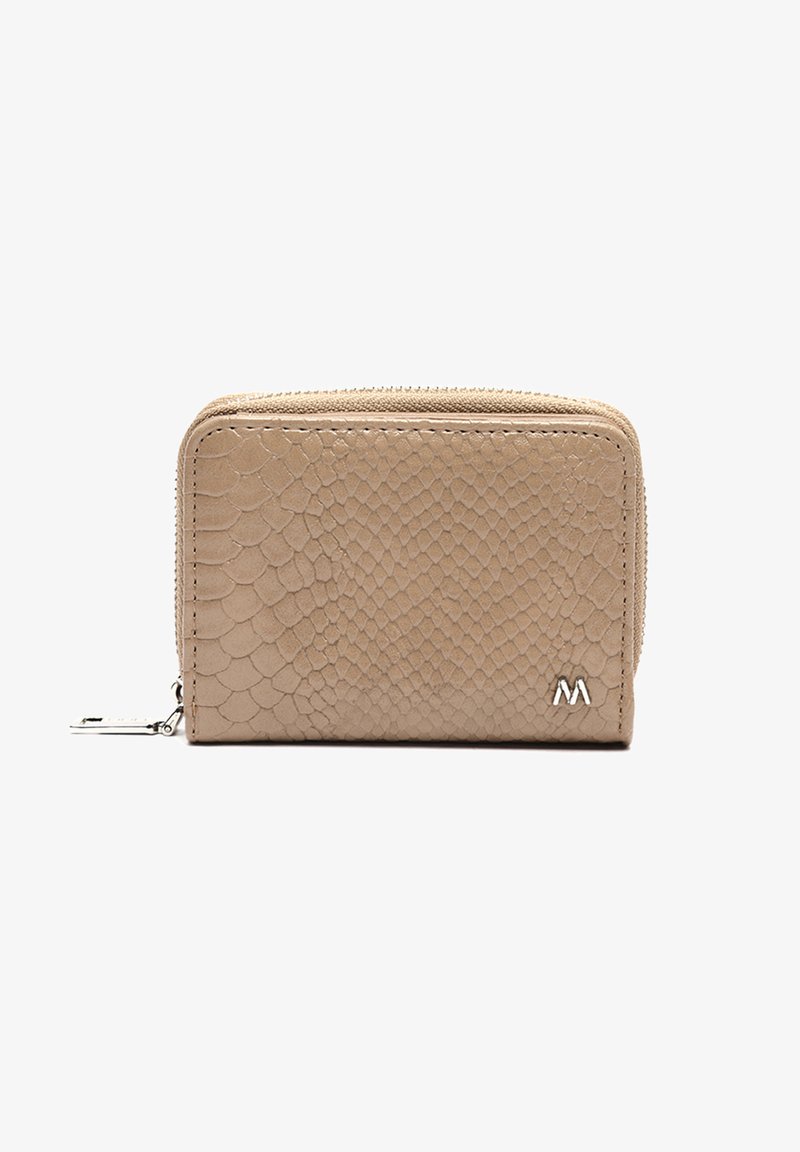 Beige leather wallet with textured snakeskin pattern, zip closure, and small silver logo detail on the front. Compact design, rectangular shape.