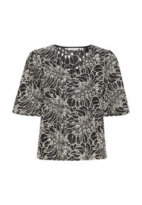 T-shirt noir avec un motif de feuilles blanches, à manches courtes et encolure ronde. Fabriqué en tissu doux au toucher lisse.