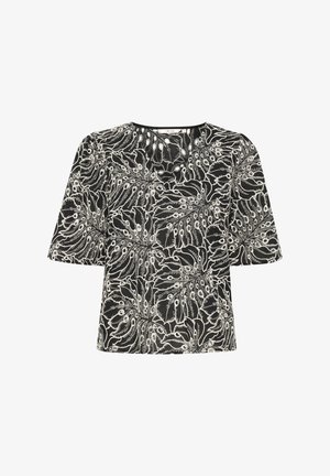 Camisa negra con un patrón de hojas blancas, de manga corta y escote redondo. Fabricada con una tela suave y de textura lisa.