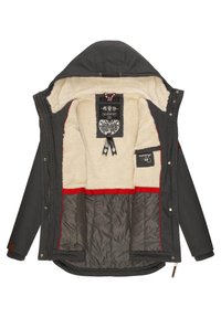 Black outer jacket with a soft beige fleece lining, red accents, and a quilted dark gray interior. Features a hood and multiple pockets.