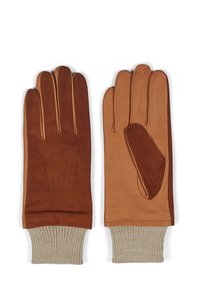 Gants en cuir marron avec des poignets en tricot beige. Présentent une combinaison de sections lisses et texturées, avec des coutures complexes et des détails d'accent.