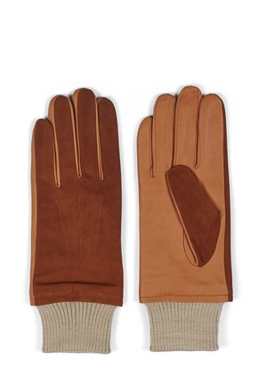 Brown leather gloves with beige knit cuffs. Features a combination of smooth and textured sections, with intricate stitching and accent details.