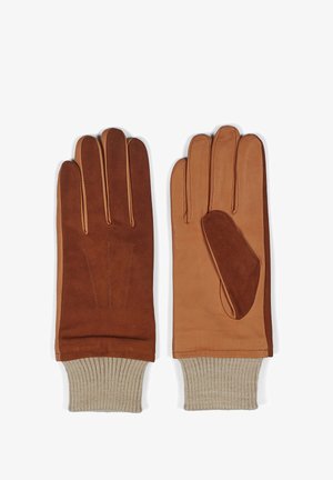 Gants en cuir marron avec des poignets en tricot beige. Présentent une combinaison de sections lisses et texturées, avec des coutures complexes et des détails d'accent.