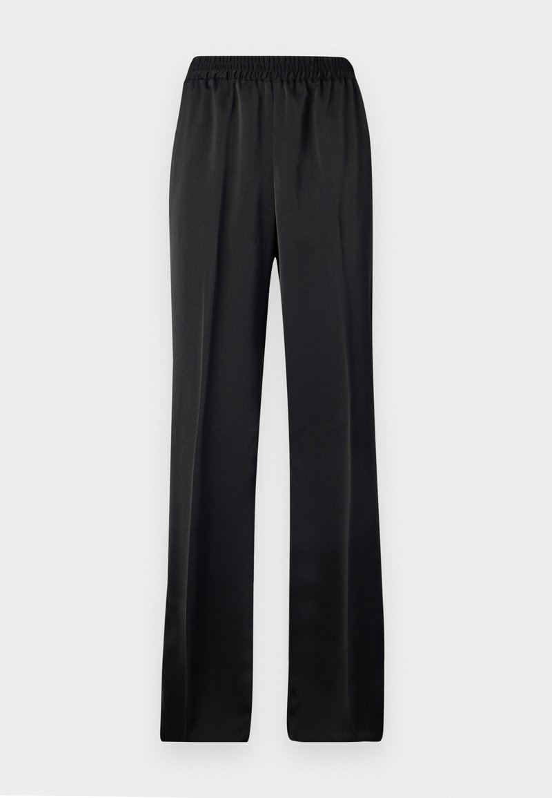 Schwarze, weit geschnittene Hosen mit einem elastischen Bund. Aus einem glatten, leichten Stoff gefertigt, mit geradem Schnitt und ohne sichtbare Muster.