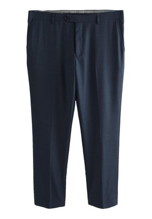 Marineblaue, maßgeschneiderte Anzughose mit Frontknopf, Reißverschluss, Gürtelschlaufen und Seitentaschen.