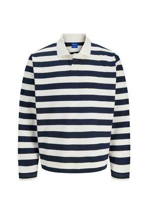 Navy and white striped long-sleeve polo shirt with a classic collar and buttons. Soft fabric, relaxed fit, and side slits at the hem.