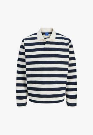Navy and white striped long-sleeve polo shirt with a classic collar and buttons. Soft fabric, relaxed fit, and side slits at the hem.