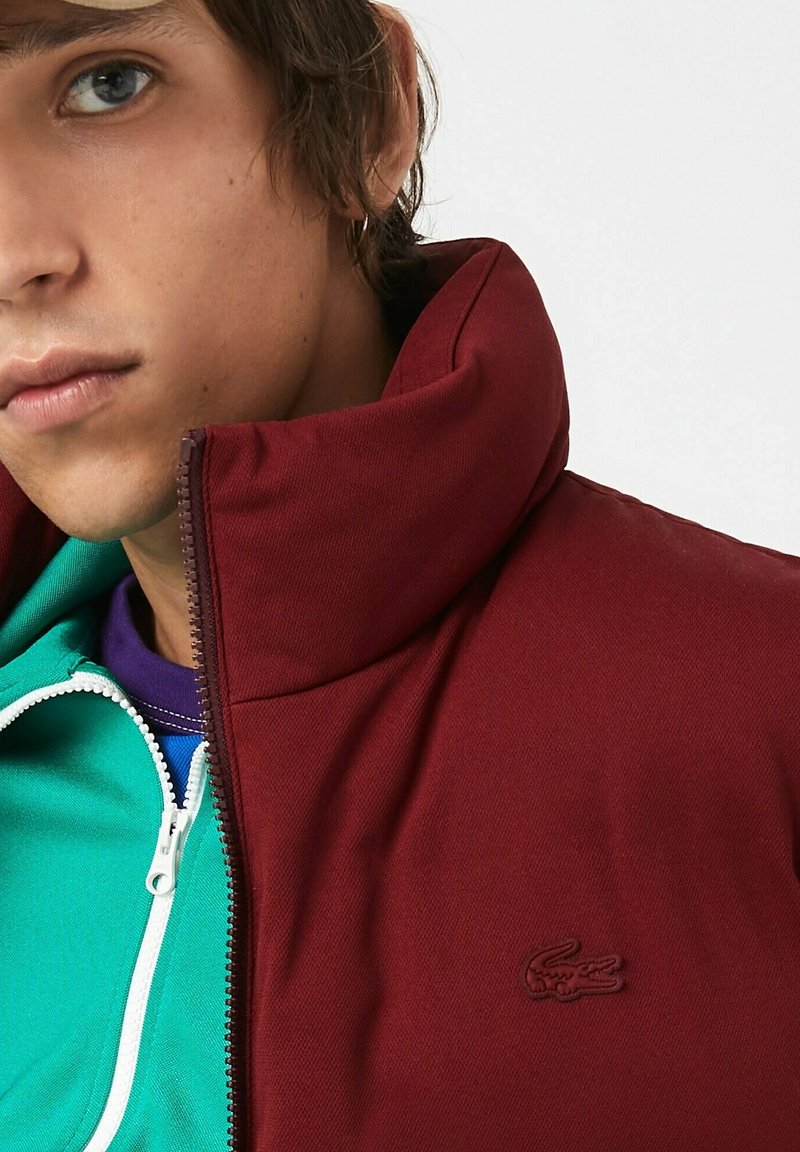 Bordeauxfarbene Zip-Jacke mit hohem Kragen, kombiniert mit einem grünen Lagenoberteil. Verfügt über ein dezentes Logo auf der Brust und strukturierten Stoff.