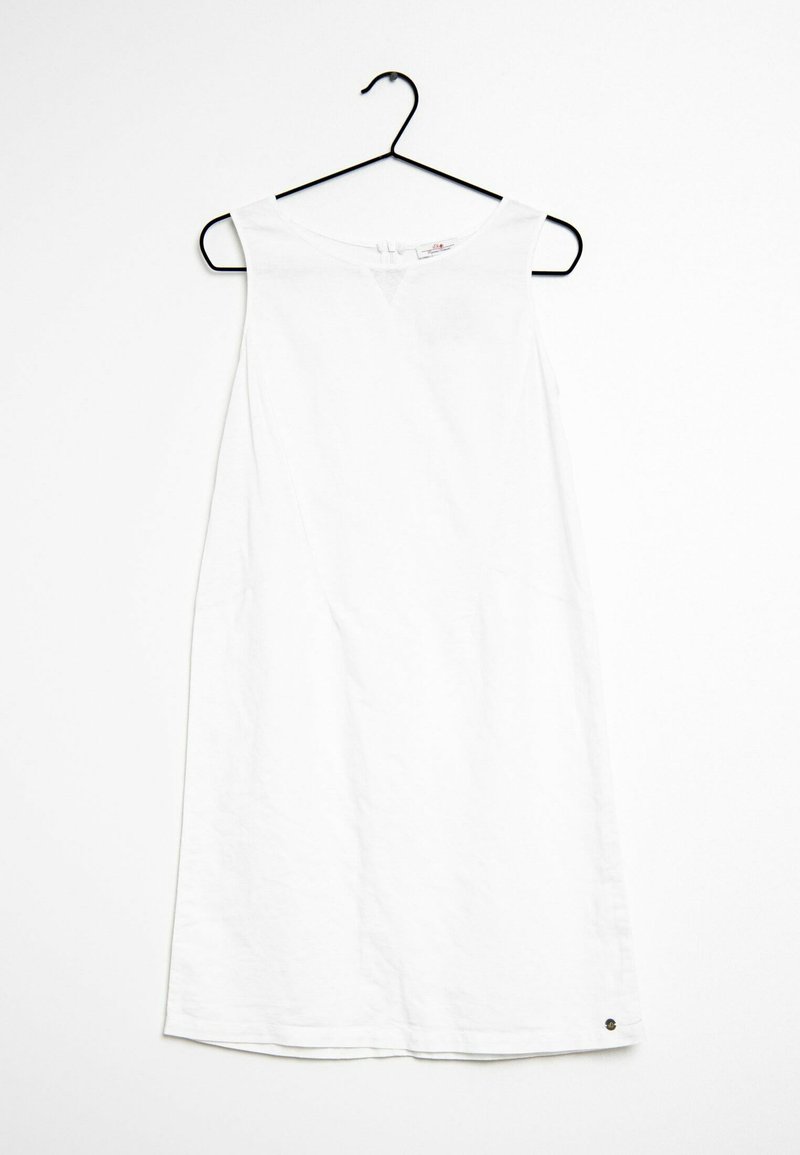 Weißes ärmelloses Kleid aus leichtem Stoff, mit einem schlichten Design, geradem Schnitt und einem kleinen Metallelement am Saum.