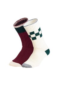 Calzini in cotone di colore bordeaux con costine verticali e crema con motivo a quadretti verdi, con accenti a contrasto per la punta e il tallone.