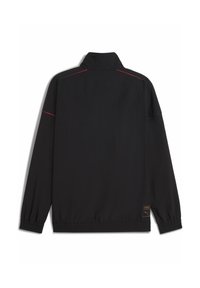 Sort atletisk jakke med høj krave, lange ærmer, elastiske manchetter og en rød accent søm. Har et lille logo på den nederste venstre side.