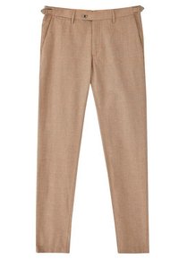 Pantalon beige slim fit avec sangles ajustables sur les côtés, fermeture par bouton, passants pour ceinture et poches avant, fabriqué en tissu texturé.