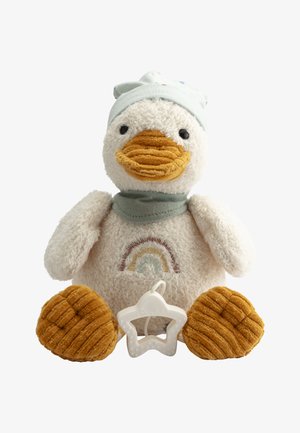 Plush duck toy in white and yellow with a textured beak and feet. Features a light blue hat and a rainbow embroidery on its body. Includes a star-shaped teether.