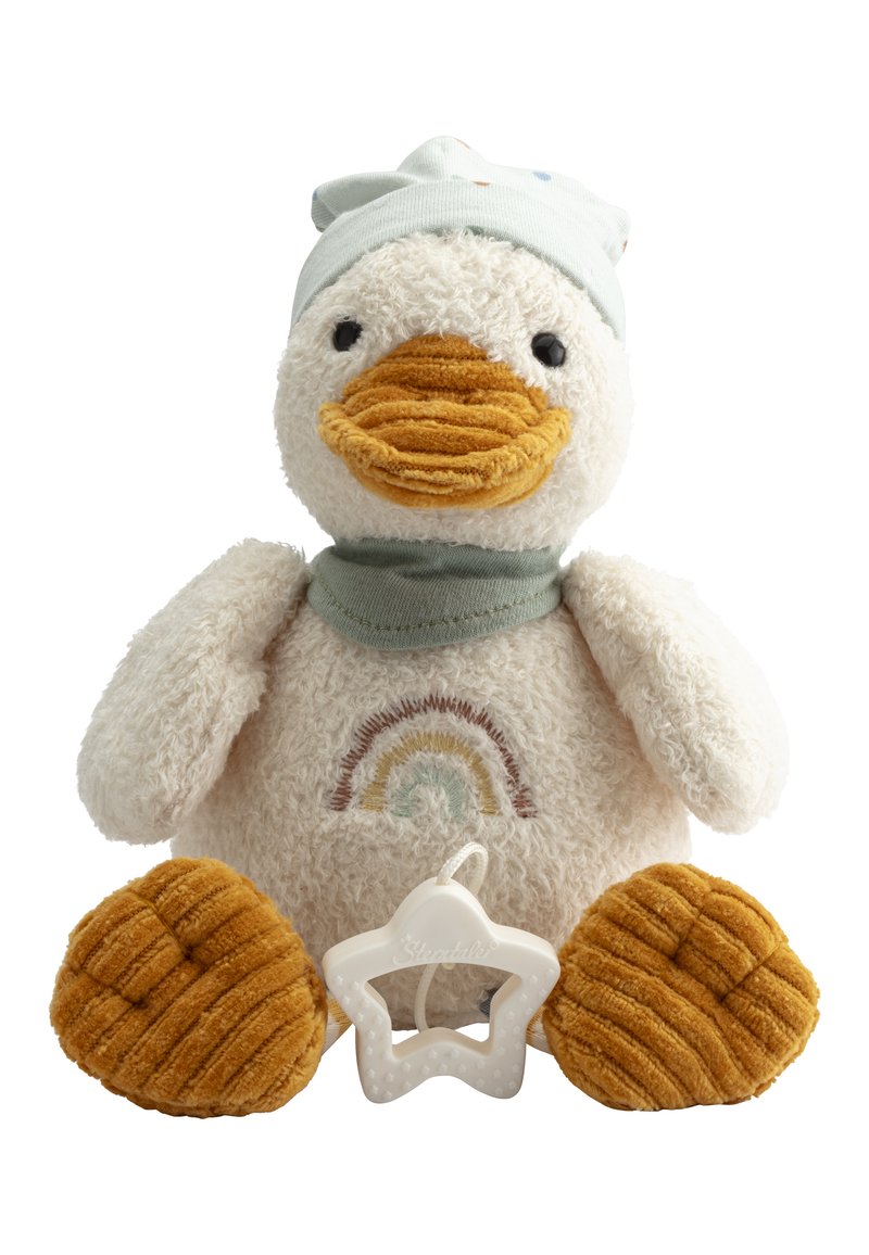 Plush duck toy in white and yellow with a textured beak and feet. Features a light blue hat and a rainbow embroidery on its body. Includes a star-shaped teether.