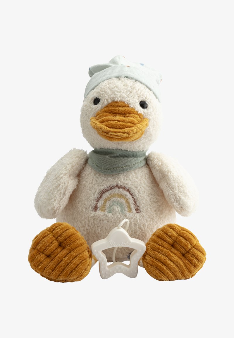 Plüsch-Ente Spielzeug in Weiß und Gelb mit strukturierter Schnabel und Füßen. Verfügt über einen hellblauen Hut und eine Regenbogen-Stickerei auf ihrem Körper. Enthält einen sternförmigen Beißring.