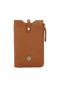 Brown leather wallet with a smooth texture, zip closure, top tab with a snap, and a silver logo accent on the front.