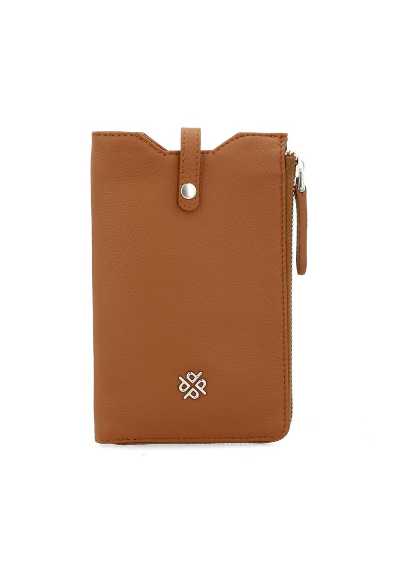 Brown leather wallet with a smooth texture, zip closure, top tab with a snap, and a silver logo accent on the front.