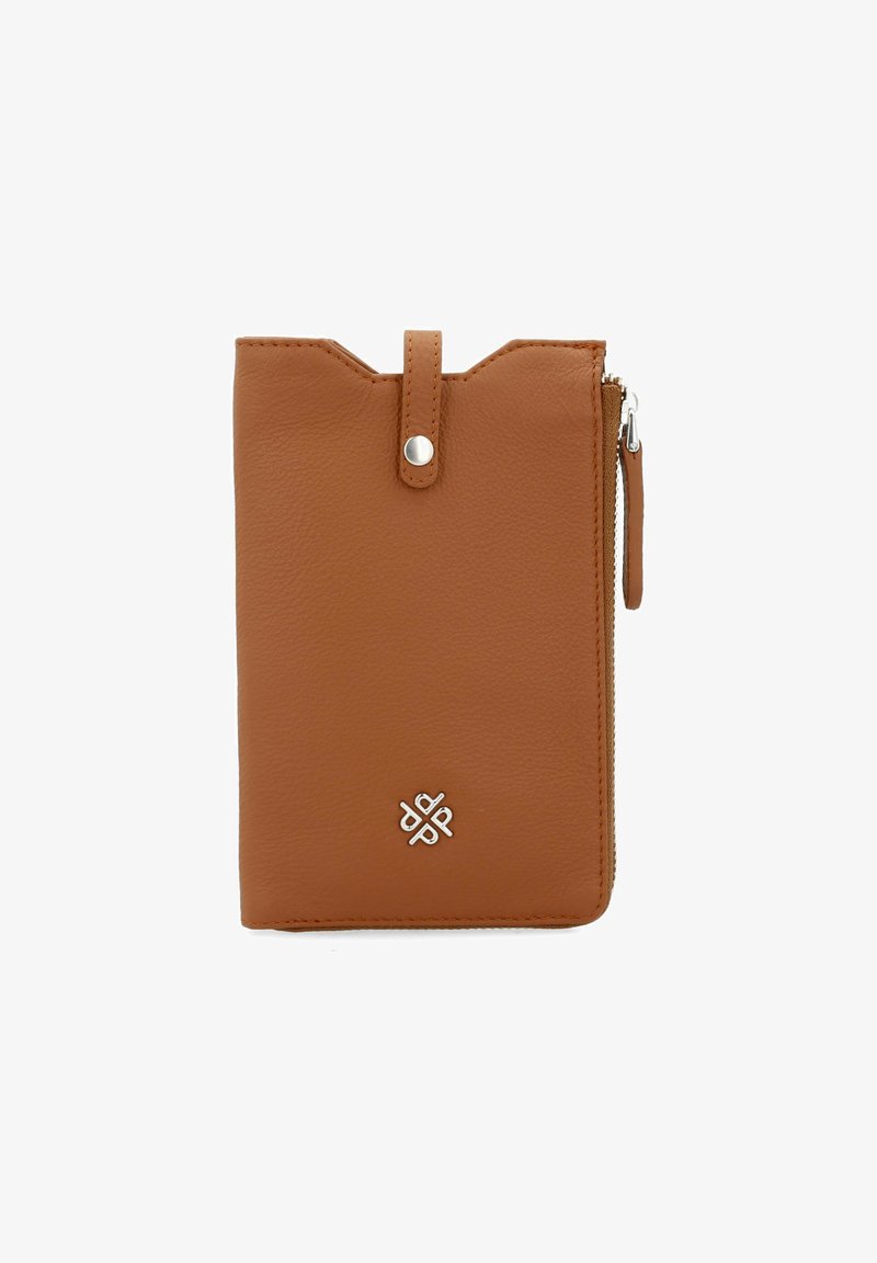 Brown leather wallet with a smooth texture, zip closure, top tab with a snap, and a silver logo accent on the front.