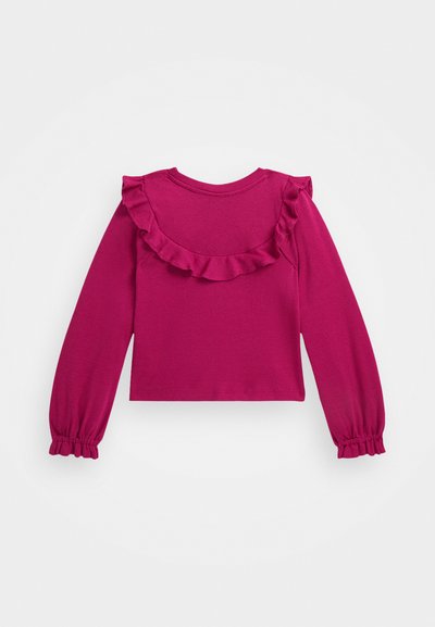 Fuksijasta bluza dugih rukava s detaljima od nabranog izreza i elastičnim manžetama, izrađena od mekanog, laganog materijala, s uskim krojem.
