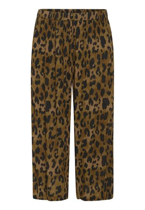 Leopardenmuster-Culottes in Braun- und Schwarztönen. Mit elastischem Bund und einem lockeren, fließenden Schnitt. Der Stoff wirkt weich.