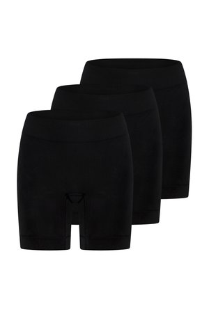 Trzy pary czarnych, bezszwowych bokserek sięgających do połowy uda, ułożone w przesuniętym stosie.