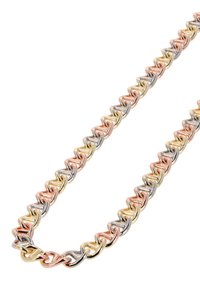 Metalliketju kaulakoru, jossa on toisiinsa kytkeytyviä linkkejä ruusukultaisena, keltakultaisena ja hopeasävyissä, hienostuneella, kiiltävällä pinnalla.