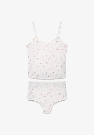 Biała koszulka na cienkich ramiączkach i dopasowane majtki z małym różowym kwiatowym wzorem, z cienkimi ramiączkami i subtelną kokardką na pasku majtek.