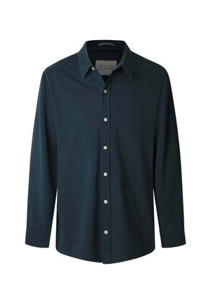 Temno modra srajca z dolgimi rokavi, ovratnikom in sprednjim zapenjanjem na gumb, s svetlimi gumbi. Gladka tekstura, prilega se postavi in ima en sam žep na prsih.