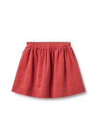 Rød kordfløjlsskjørt med en samlet talje, flagrende design og subtil vertikal ribbet tekstur. Ingen synlige lukninger eller udsmykninger.