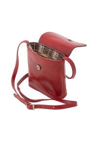 Borsa a tracolla rossa in pelle con chiusura a pattina, tracolla regolabile e fodera interna a scacchi. Presenta un pulsante a scatto in metallo.