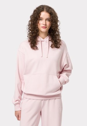 Roze hoodie met een kangoeroezak, trekkoordcapuchon en ribgebreide boorden. Gemaakt van zacht materiaal, in combinatie met bijpassende roze joggers.