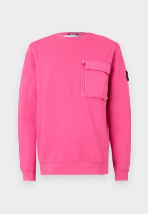 Pink sweatshirt med rund hals, lange ærmer og en lynlåslomme på brystet. Lavet af blødt stof med en glat overflade.