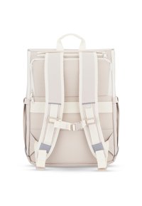 Beige hátizsák texturált hálós hátrésszel, állítható pántokkal és cipzáras elülső zsebbel. Jellemzője egy felső fogantyú és tömörítő csatok.