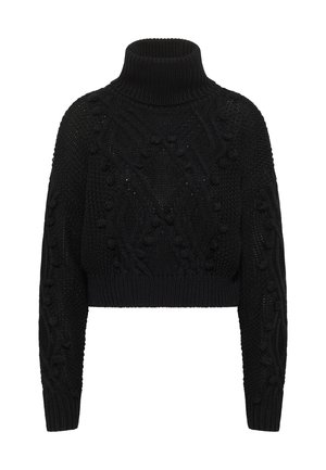 Fekete, rövidített pulóver magas garbónyakkal, texturált kötött anyaggal és kiemelkedő mintákkal a karokon és az elején.
