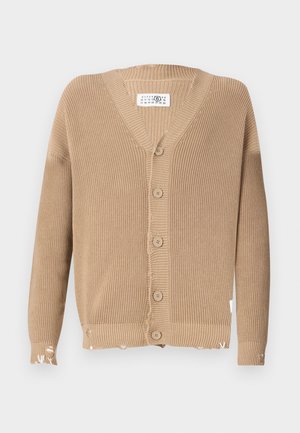 Beige bordázott kardigán, V nyakkal, öt gombos elülső résszel, és rojtos szegéllyel és mandzsettával. Texturált kötött anyagból készült.