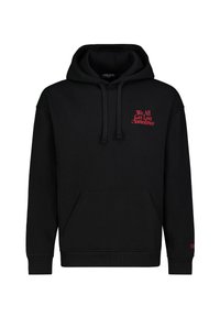 Black hoodie made of cotton, featuring a front pocket, drawstring hood, and red embroidered text that reads "We All Get Lost Sometimes."