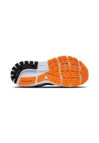 Schoenzool met een flexibel ontwerp in zwart, oranje en wit rubber. Gestructureerd, met groeven voor grip en een cirkelpatroon voor houvast.
