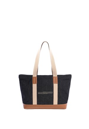 Bolsa tote negra y marrón con asas beige y el logo "Don Algodon" impreso en blanco en el centro delantero.