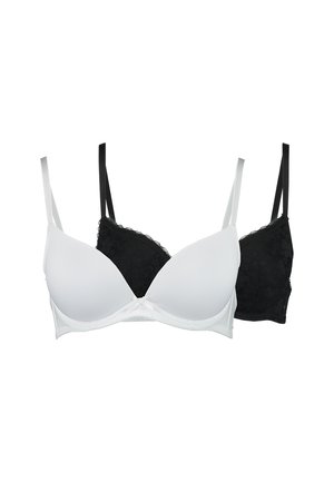Two women's bras, one white with smooth cups and one black with lace cups, both with adjustable straps.